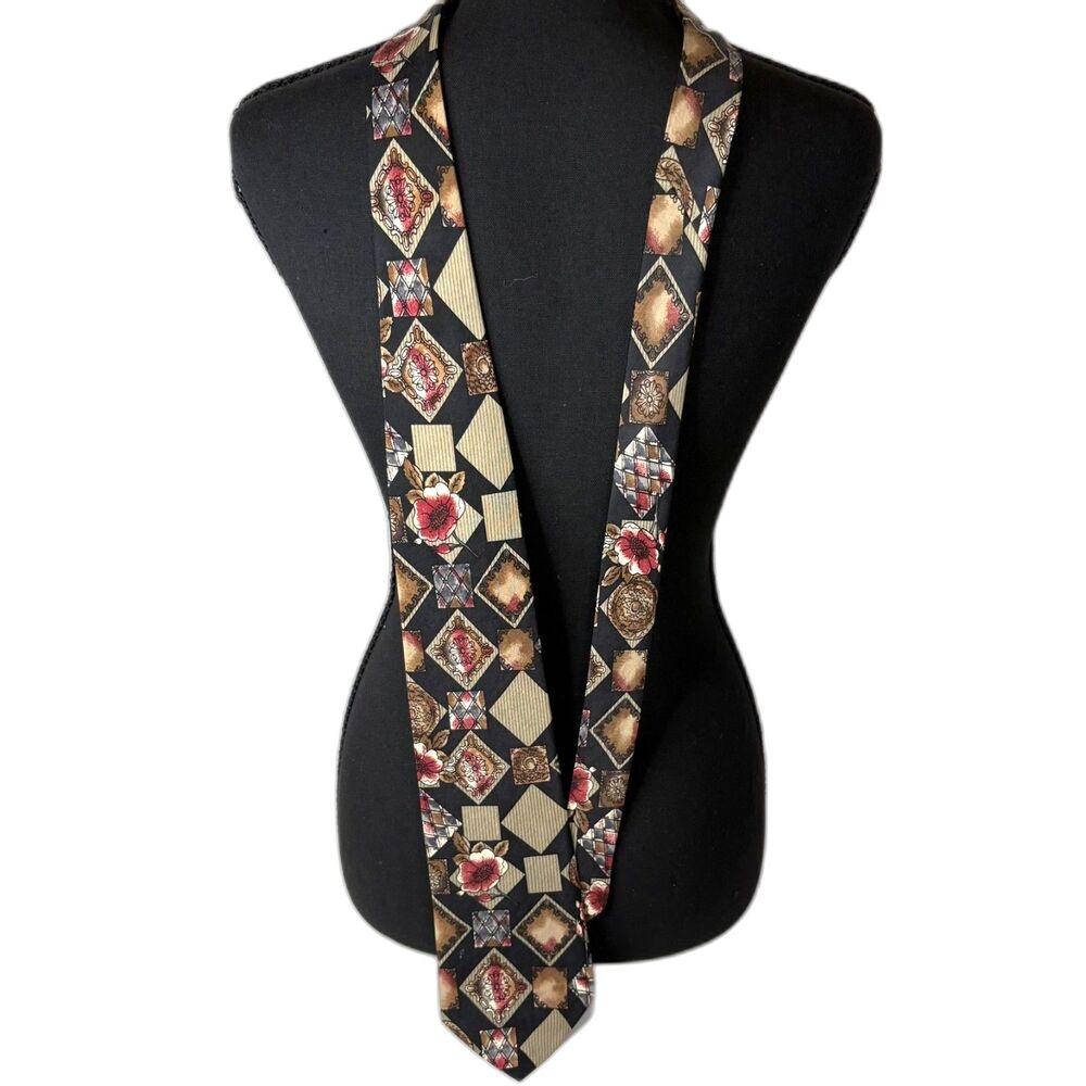 Vintage Venanzi Silk Tie Men's Geometric Patchwork Floral Red Gold Black Italy
